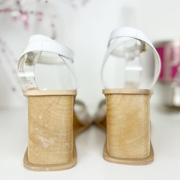 Lord & Taylor White Leather Ankle Strap Wooden Wedge Heel Sandals Size 8 M - Picture 4 of 9